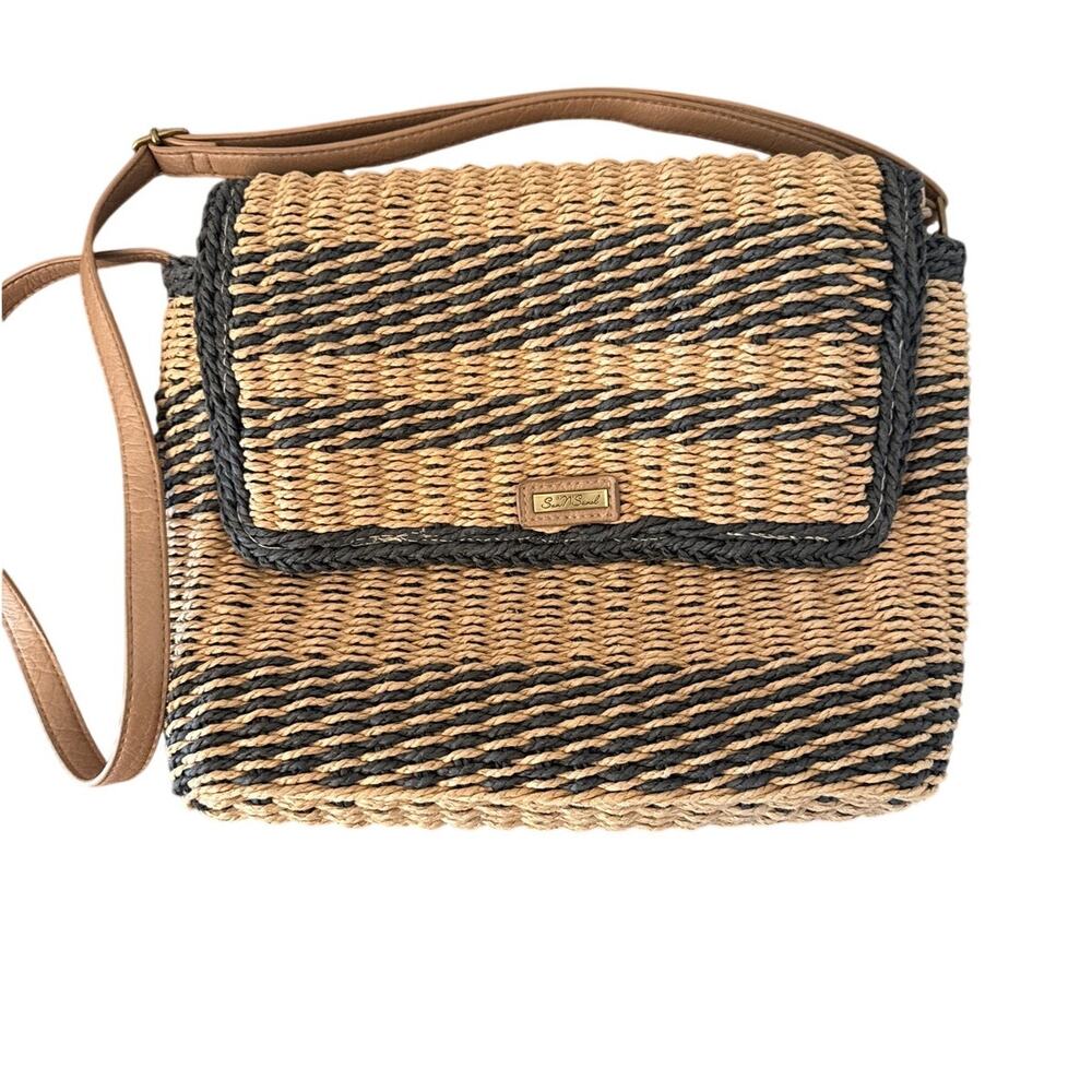 Sun 'N' Sand Woven Straw Purse Boho Beachy Tan Gray Stripes